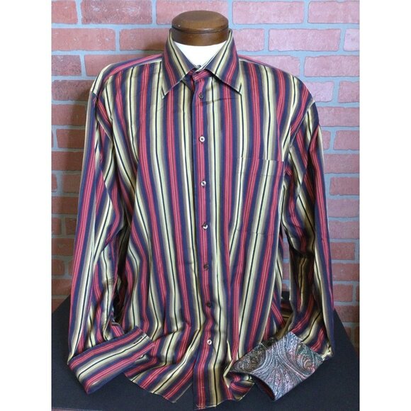Jack Liyson Mens Button Up Shirt Striped Long Sleeve Contrast Flip Cuffs XL - Picture 1 of 8